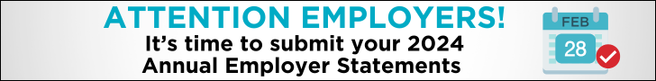 A simple banner with a calendar icon in blue and red and the words "ATTENTION EMPLOYERS! It's time to submit your 2024 Annual Employer Statements"